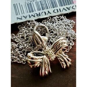 David Yurman 18K White Gold Diamond Bow Pendant Necklace w Tags 18in